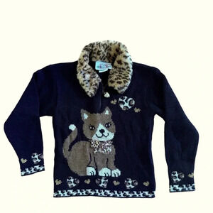 Vintage HEARTWORKS Sweater Cat Long Sleeve Faux Fur Collar Animal Print Black 5